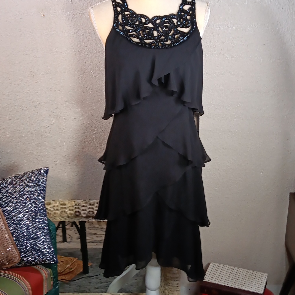 Black Midi Ruffled Dress Beaded  Neckline Size 8 NWT Layered Sexy Evening Gala